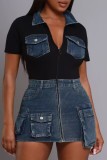 EVE Short Sleeve Zipper Denim Patchwork MIni Dress ORY-5272