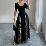 EVE Plus Size U Neck Leopard Patchwork Maxi Dress GQIF-0433