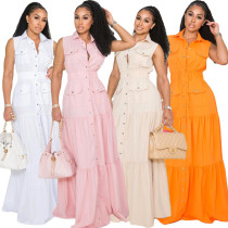 EVE Sleeveless Solid Single-breasted Maxi Dress GFDY-1347