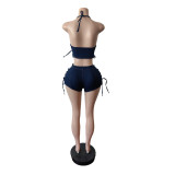 EVE Fashion Denim Tie Up Zipper Vest Shorts Suit MEM-88653
