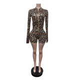 EVE Leopard Print Long Sleeve Zipper Short Suit MEM-88654