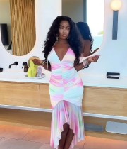 EVE Sexy Backless Pleated Irregular Print Midi Dress GXIN-8851