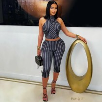EVE Stripe Sleeveless Tops Seventh Pants Suit QOUY-6063