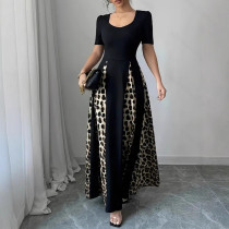 EVE Plus Size U Neck Leopard Patchwork Maxi Dress GQIF-0433