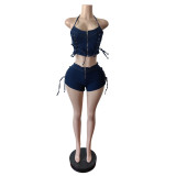 EVE Fashion Denim Tie Up Zipper Vest Shorts Suit MEM-88653