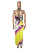 EVE Halterneck Print Vest Split Long Skirts Suit SHD-9770