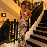 EVE Sexy Print Halterneck Backless Tops Two Piece Skirts Set SHD-9773