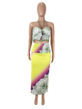 EVE Halterneck Print Vest Split Long Skirts Suit SHD-9770