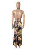 EVE Sexy Print Halterneck Backless Tops Two Piece Skirts Set SHD-9773