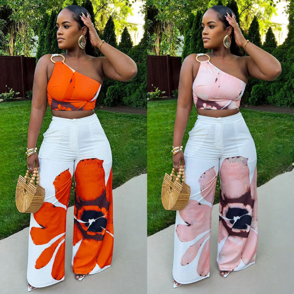 EVE Floral Print Single Shoulder Wide-Leg Pants Two-Piece Set SHD-9738