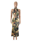 EVE Sexy Print Halterneck Backless Tops Two Piece Skirts Set SHD-9773