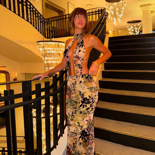 EVE Sexy Print Halterneck Backless Tops Two Piece Skirts Set SHD-9773