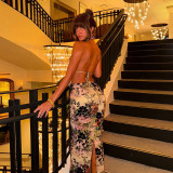 EVE Sexy Print Halterneck Backless Tops Two Piece Skirts Set SHD-9773