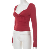 EVE Solid Color Square Neck Long Sleeve Tops GDSF-D25TP270