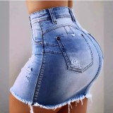 EVE Plus Size Gradient Color Holes Zipper Denim Skirt XCFF-200403