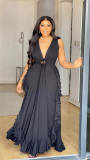 EVE V Neck Tie Up Ruffles Long Dress GMSF-9270