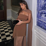 EVE Backless Mesh Patchwork Maxi Dress With Scarf GAXB-G1049DS