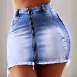 EVE Plus Size Gradient Color Holes Zipper Denim Skirt XCFF-200403