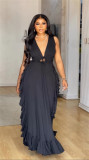 EVE V Neck Tie Up Ruffles Long Dress GMSF-9270