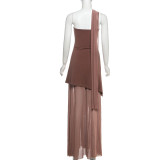 EVE Backless Mesh Patchwork Maxi Dress With Scarf GAXB-G1049DS