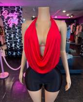 Pre Order: About 7 work days shipping Halterneck Solid Color Tops Short Suit YUEM-300888