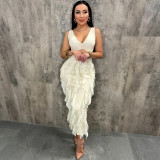 EVE Solid Color Hollow Out Ruffles Midi Dress CYA-901909