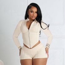 EVE Long Sleeve Zipper Tops And Shorts 2 Piece Set SHD-9535