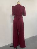 EVE V-neck Tie-up Bubble Short-sleeve Loose Jumpsuit GCNE-8712