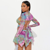 EVE Flare Sleeve Butterfly Print Tassel Three Piece Skirts Set DLSF-K23S33256