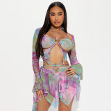 EVE Flare Sleeve Butterfly Print Tassel Three Piece Skirts Set DLSF-K23S33256