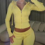 EVE Contrast Color Patchwork Hooded Knits Pants Suit XMCS-CS008787