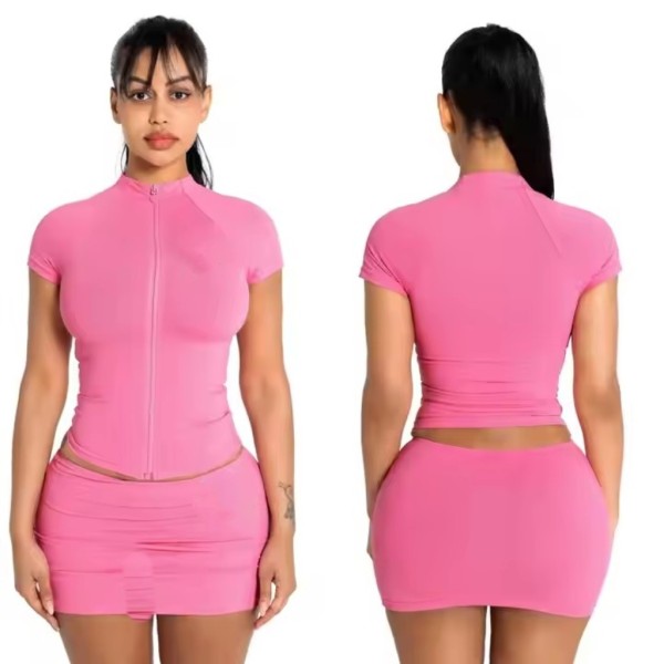 EVE Solid Color Shorts Sleeve Zipper Two Piece Skirts Set XMCS-05