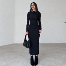 EVE Long Sleeve O Neck Solid Maxi Dress GYME-K23D37748