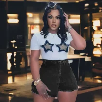 EVE Patchwork Tassel Five-pointed Star T-shirt GNZD-11175THR