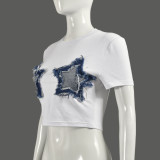 EVE Patchwork Tassel Five-pointed Star T-shirt GNZD-11175THR