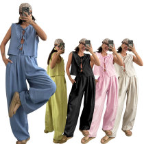 EVE Solid Color Sleeveless Loose Two Piece Pants Set SSNF-211499