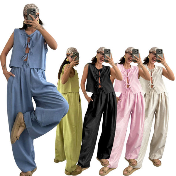 EVE Solid Color Sleeveless Loose Two Piece Pants Set SSNF-211499