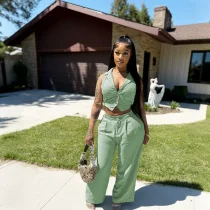 EVE Solid Color Sleeveless Tie Up Tops Pants Suit QHMD-3091