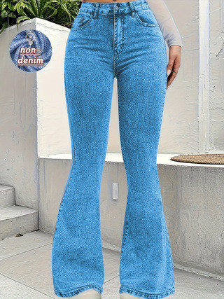 EVE Solid Color Faux Denim Flared Pants GDYF-3610
