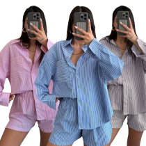 EVE Stripe Long Sleeve Shirt Two Piece Shorts Set SSNF-211495