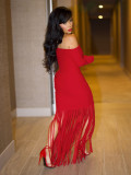 EVE One Shoulder Tassel Long Sleeve Maxi Dress QYMF-3065