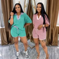 EVE V Neck Stripe Knits Two Piece Shorts Set QHMD-3090