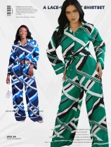 EVE Print Long Sleeve Tie Up Shirt Wide Leg Pants Suit QHMD-M3245