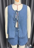 EVE Sleeveless Tie Up Tops Denim Two Piece Shorts Set GXYK-1214