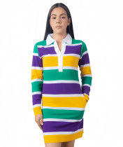 EVE Stripe Color Block Long Sleeve Midi Dress GYXF-1428
