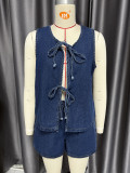EVE Sleeveless Tie Up Tops Denim Two Piece Shorts Set GXYK-1214