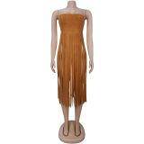 EVE Sexy Wrap Chest Solid Color Tassel Dres BY-7436