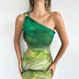 EVE Slash Shoulder Print Slim Maxi Dress GFRT-32520DBY