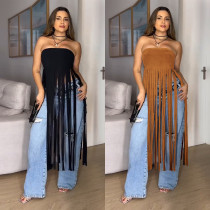 EVE Sexy Wrap Chest Solid Color Tassel Dres BY-7436