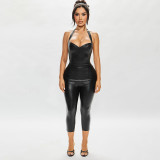 EVE Solid Color V Neck Backless Tops Seventh Pants Suit MXBF-J25ST164